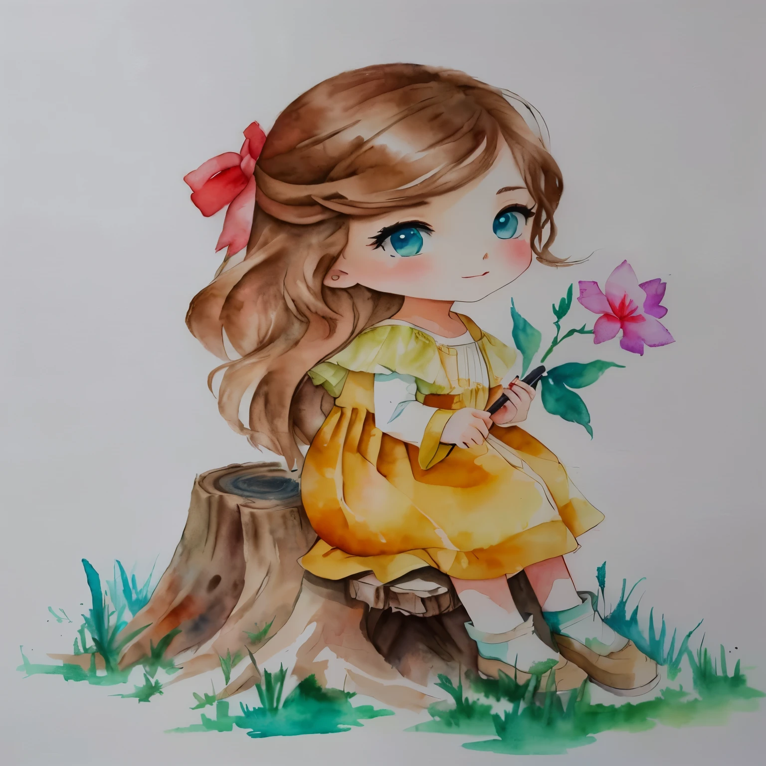 a close-up of a drawing of a girl sitting on a tree stump, desenho colorido, water color and pen, desenho colorido, inspirado em Claire Hummel, pintura colorida em aquarela, water color on paper, full desenho colorido, por Ilka Gedő, Aquarela, water color, water color, a colored pencil drawing, water color painting, Pintura aquarela