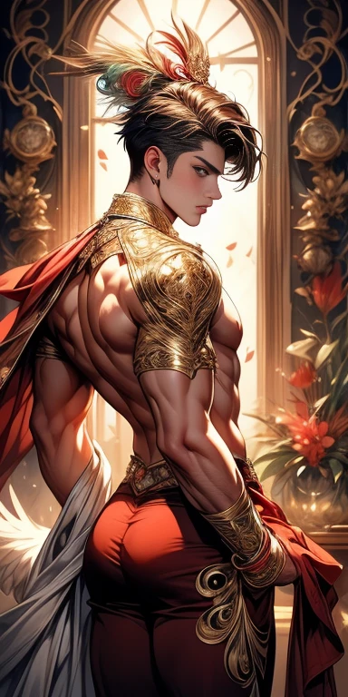 masterpiece, ((masterpiece)), Best quality, complex parts, perfect Whimsical, gentle, a little feminine face, detailed face, Highly detailed and fine figurine, ultra-realistic, detailed body, detailed pectoral muscles, ((Boy's focus)), detailed muscles, convex, (((A handsome boy, ))), athletic build, ((ideal body)), aesthetically beautiful, erotically tempting, seducing, offering himself With a beautiful sexy tango panti With round perfect buttocks, Rear view from bottom to top muscular, sweaty after a workout, In a Venetian mask with peacock and bird of paradise feathers, In White, red and gold colors, diamond chips all over the body , Watercolor, in the style of Caravaggio