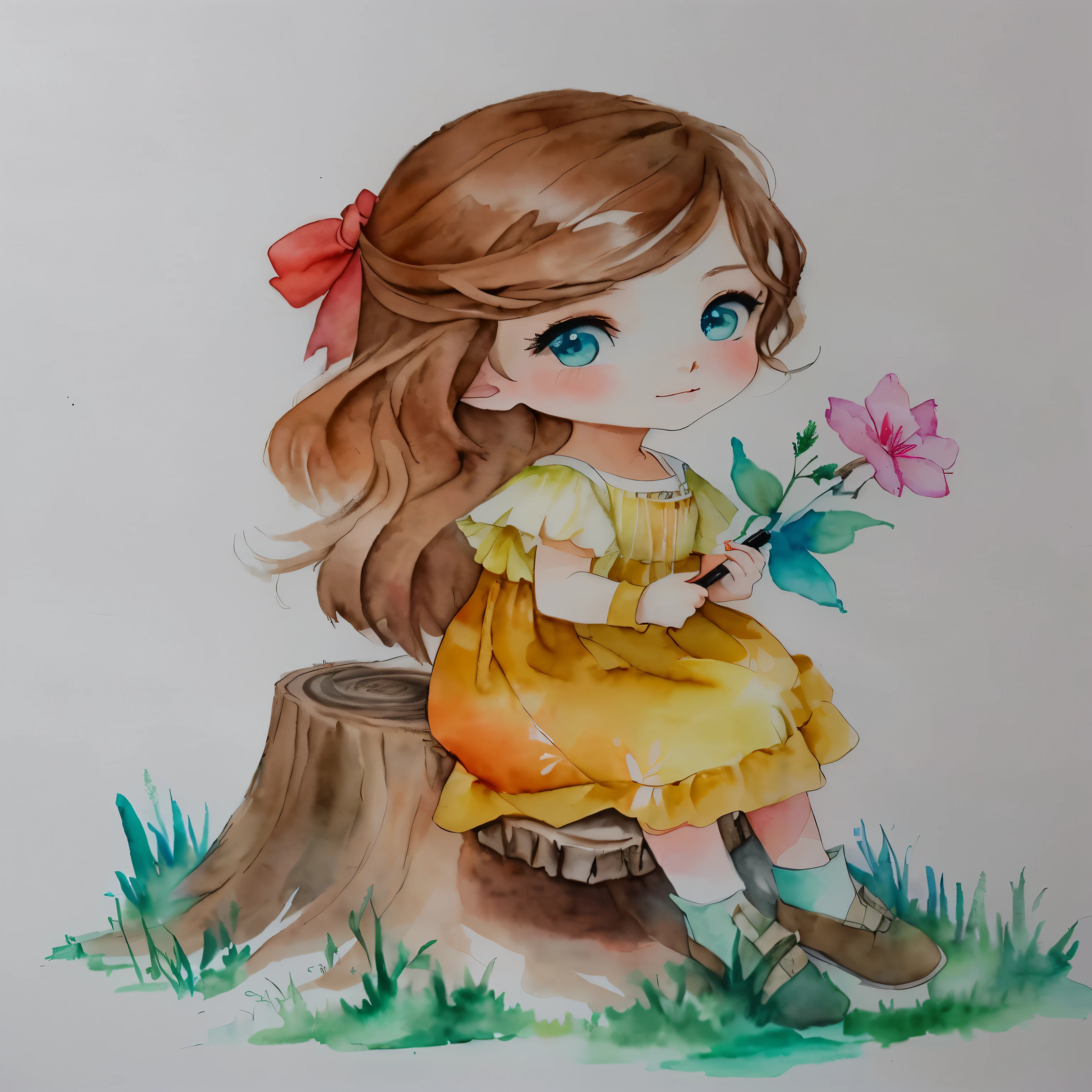 a close-up of a drawing of a girl sitting on a tree stump, desenho colorido, water color and pen, desenho colorido, inspirado em Claire Hummel, pintura colorida em aquarela, water color on paper, full desenho colorido, por Ilka Gedő, Aquarela, water color, water color, a colored pencil drawing, water color painting, Pintura aquarela