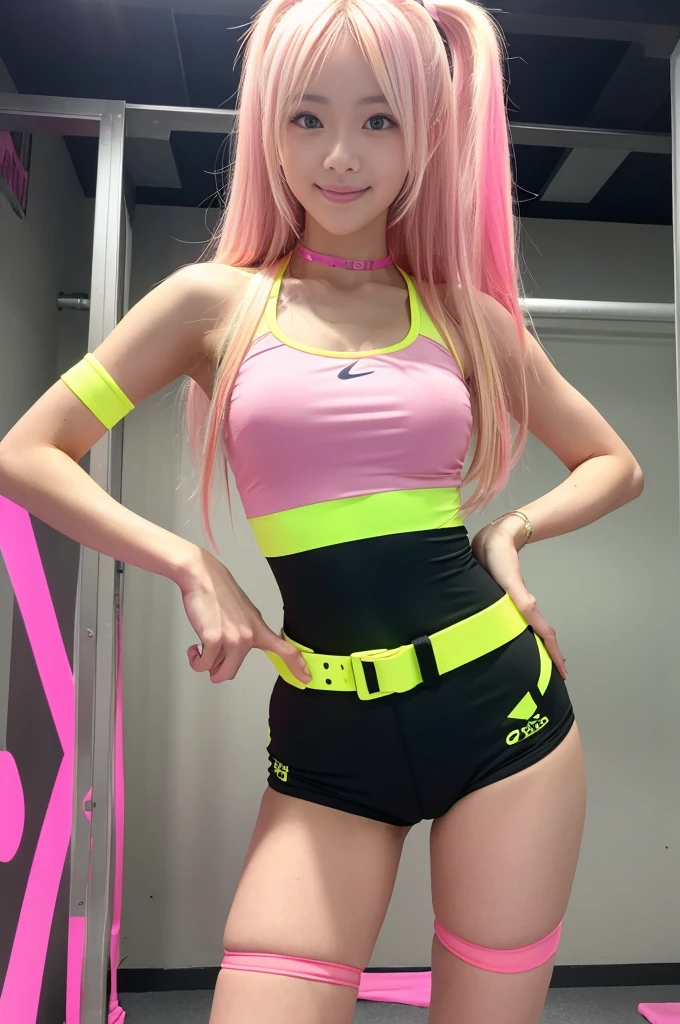 tall sports idol girl、whole body、Good style、、、、、、、、Fluorescent pink and yellow sheath mini dress、Take off the shoulders、、pink blonde、、、network belt