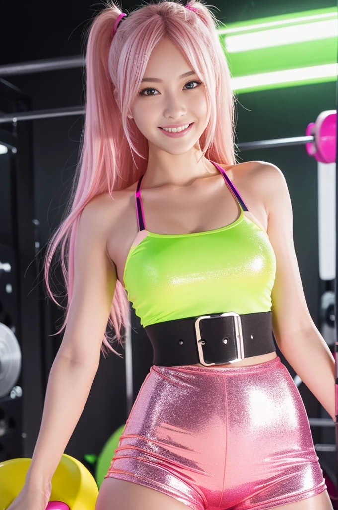 Tall sporty Brazilian model、bright smile、、、whole body、very long sparkling stylish hair、、、dramatic pose、Good style、、、、、、、、fluorescent pink and yellow sparkling glowing tight shorts costume、strapless top、、Pink Blonde Hair、、、cyber belt、large sparkling shiny very detailed training gym background