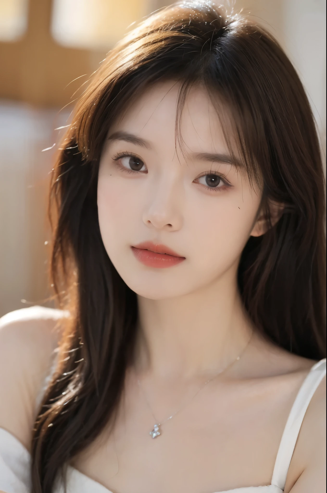 Film portrait photography, 1 girl, bare shoulders,lipstick,(flat chest:1.4), Shoulder length wavy hair, wear necklace,Headbands,short sleeves,serene, calm, (Realistic and detailed eyes, natural skin texture, Realistic facial details), Soft dramatic lighting, depth of field, Bokeh, Vibrant details, detailed meticulous, hyper-realistic, 35mm film, hazy, ,