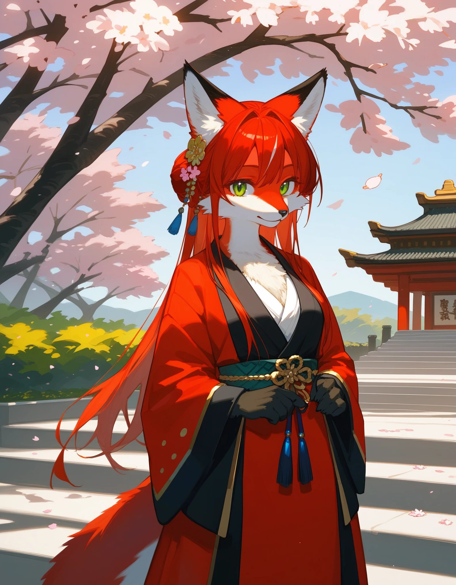 Solo, score_9,score_8_up,score_7_up, source_furry, kemono style, an Anthro furry red fox, red furry body, long red hair, green eyes, black nose, wearing elegant and glorious red kimono with gold embroidery, elegant pose, standing, outdoors, at a park with many cherry blossoms