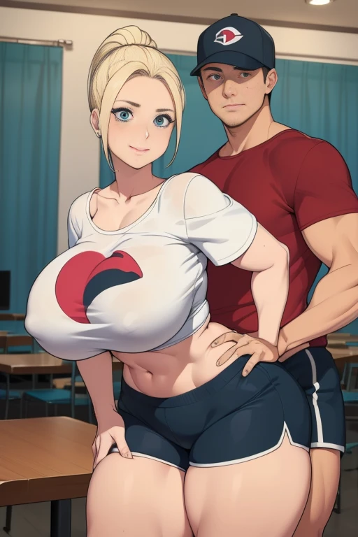 High resolution, (((two people in picture))), (one is a mature white girl, (((bimbo))), thick, long blonde, ponytail, she is smiling , very big wide hips, thick thighs, hourglass figure, small round breast, ((she's wearing dolphin shorts)), a table is in between her and viewer, she's bent over the table), (the other is a young muscular man, he's in shorts and a T-shirt, the man standing directly behind her, (((he's standing very close to her))), ((his hand is on her hip groping it)))