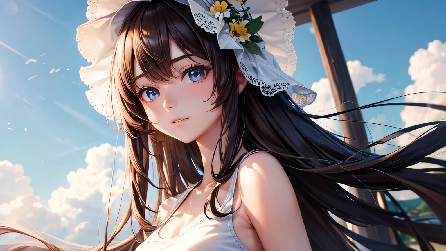 Beautiful woman 1.3, Beautiful brown hair、Straight Long Hair: 1.2, summer: 1.2,Morning sun and blue sky: 1.1, Ultra-high resolution, Accurate, Super detailed, Textured skin, High detail, highest quality, 8k,Thin bangs,Upper Body,Well-drawn eyes, Focus on the face,White Tank Top Dress,Detailed hair depiction,Detailed depiction of eyes、Detailed depiction of hair、Upper Body、