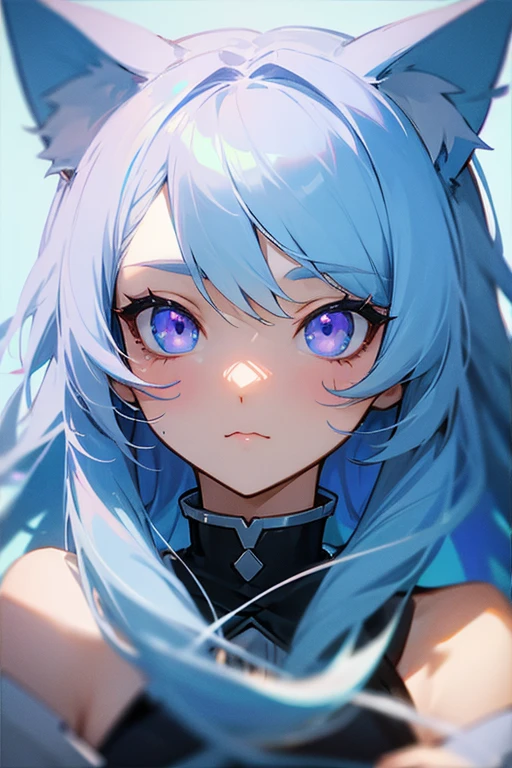 Light blue hair、Cat ear、long hair、Light blue and purple odd eyes、cute、Close up of face