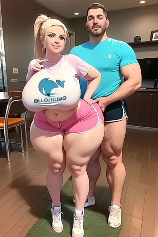 High resolution, (((two people in picture))), (one is a mature white girl, (((bimbo))), thick, long blonde, ponytail, she is smiling , very big wide hips, thick thighs, hourglass figure, small round breast, ((she's wearing dolphin shorts)), a table is in between her and viewer, she's bent over the table), (the other is a young muscular man, he's in shorts and a T-shirt, the man standing directly behind her, (((he's standing very close to her))), ((his hand is on her hip groping it)))