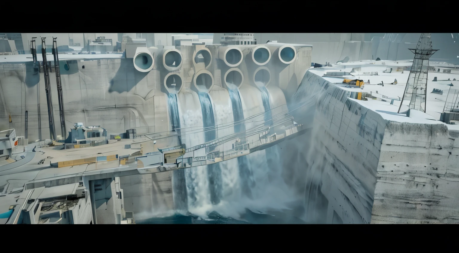 there is a picture of a construction site with pipes and pipes, industrial concrete, mine, brutalist waterfall environment, floating power cables, japanese vfx, epic cinematic matte painting, water jets, ice city in 2 0 8 0, water and power, anime vfx, akira cgi movie stills, wall of water either side, stunning vfx
