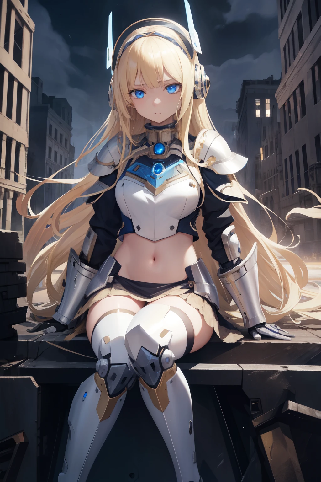 1girl,masterpiece, best quality,incredibly absurdres, long blonde hair,high detail eyes,abandoned city, young girl,mecha armor,sitting,close view,night sky,glowing eyes,blue eyes ,navel, frown,blunt bangs, glowing effect,mechanical headgear,maid 