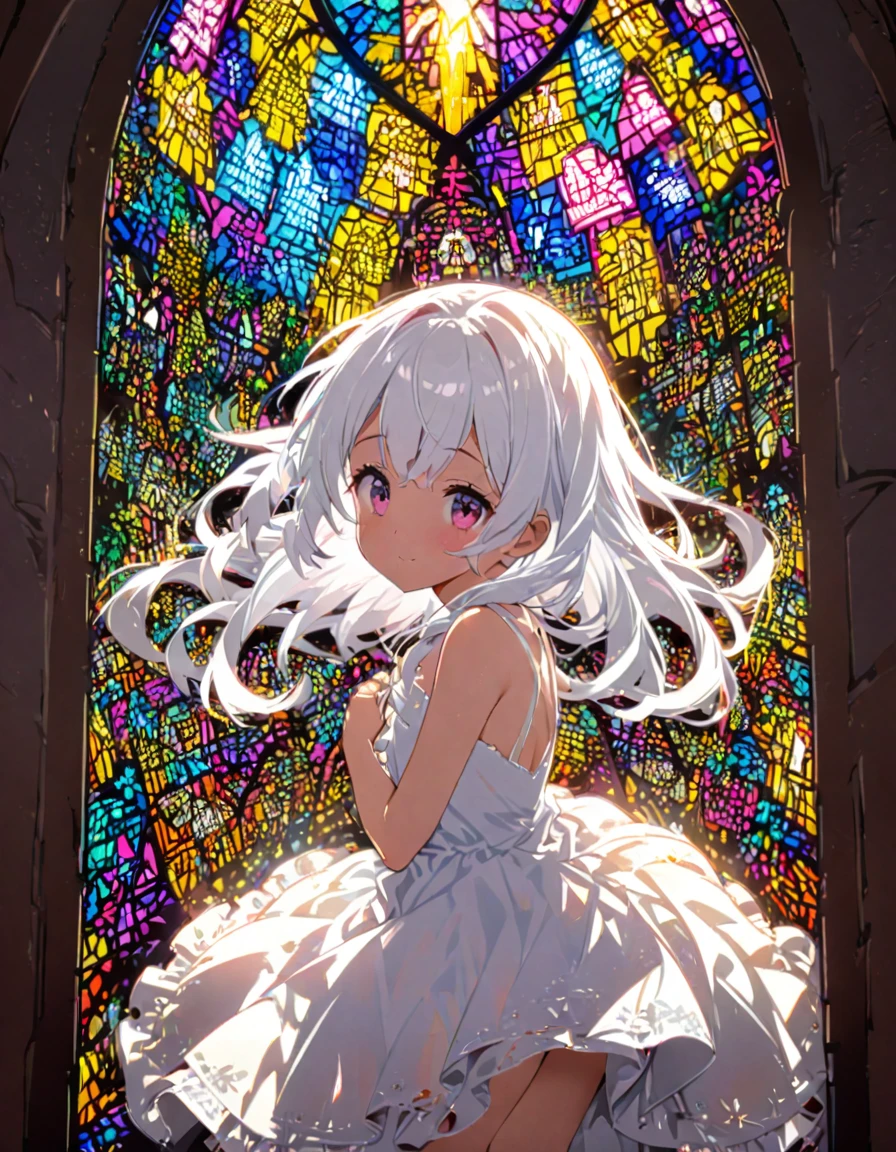16K, incredibly absurd, Very detailed, Perfect beauty, bright colors, double exposure (Church altar, sunlight shining through stained glass), second, (beautiful cute girl silhouette:1.2, in a beautiful pose, Long Beautiful Hair, soft white dress (Holy))