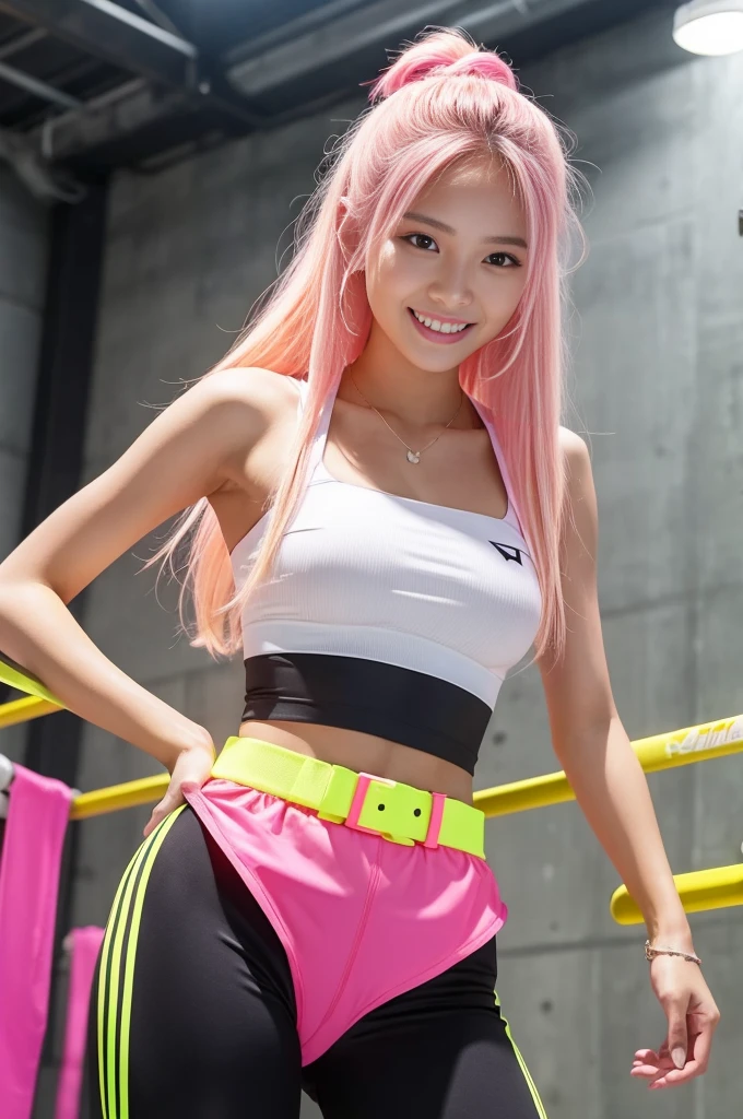 Tall sporty Indonesian model、bright smile、、、whole body、very long stylish hair、、、dominant pose、Good style、、、、、、、、Fluorescent pink and yellow tight shorts costume、strapless top、、Pink Blonde Hair、、、cyber belt、large very detailed training gym background