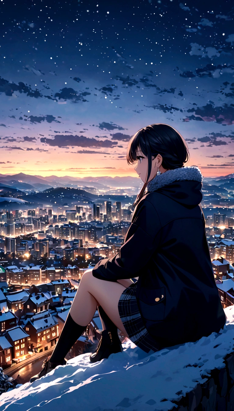 masterpiece, top-quality, (hight resolution), (extremely detailed CG unified 8k wallpaper),(Promotional posters), (beautiful night scene),Midnight,midwinter,(cloudy ash sky,((snowflakes falling)),((Snowflake),Near and far law,((Wear a long coat)),on a hill,Sit on the ground,((Detailed distant cityscape)),Residential area,condominium,apartament,looking at the city,serene ambiance,eye reflections,Colorcon,(Quintab Tail+1.2),glowing earrings,Profile of the character,1 cute high school girl,(large full breasts),f/2.8 35mm,captured on canon eos r 6,Cute Uniform,Plaid miniskirt,knit,Photorealsitic,Background Focus,Panoramic Photography