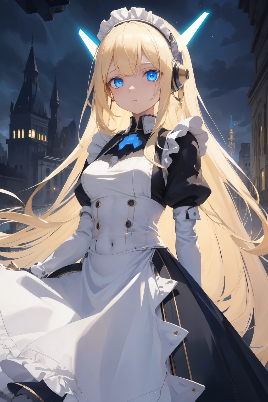 1girl,masterpiece, best quality,incredibly absurdres, long blonde hair,high detail eyes,abandoned city, young girl, maid dress mecha , view,night sky,glowing eyes,blue eyes ,navel, frown,blunt bangs, glowing effect,mechanical headgear,maid