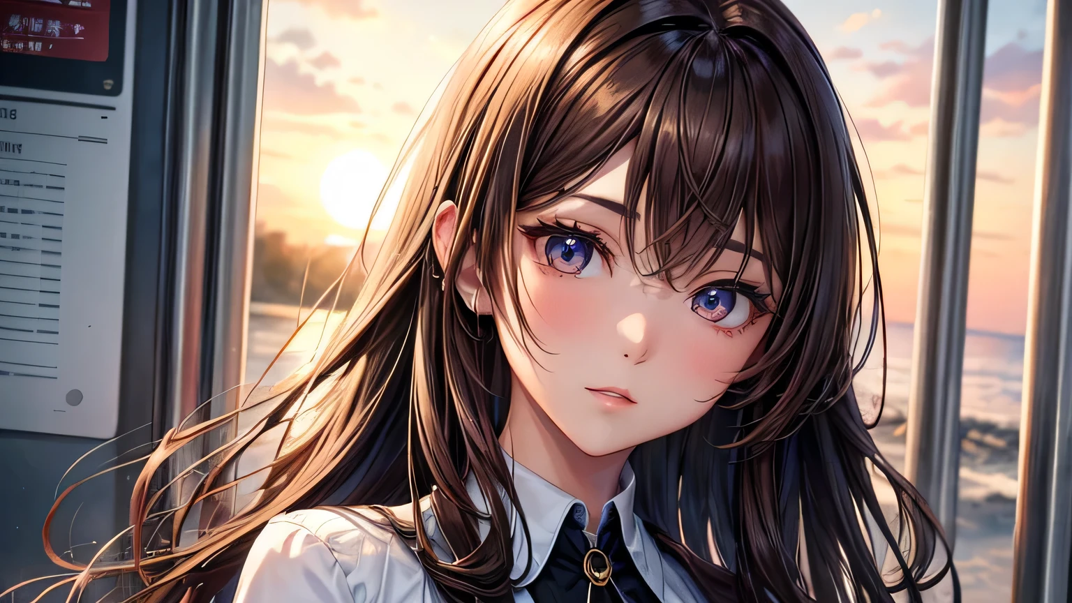 Beautiful woman 1.3, Beautiful brown hair、Straight Long Hair: 1.2, summer: 1.2,Sunset: 1.1, Ultra-high resolution, Accurate, Super detailed, Textured skin, High detail, highest quality, 8k,Thin bangs,Upper Body,Well-drawn eyes, Focus on the face,suit,Detailed hair depiction,Detailed depiction of eyes、Detailed depiction of hair、Upper Body、on the train