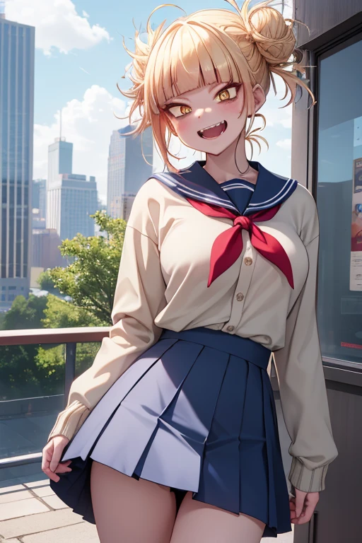 HimikoU1, 1girl, solo, bangs, blonde hair, yellow eyes, blunt bangs, hair bun, double bun, sidelocks, messy hair, looking at viewer, smile, blush, bags under eyes, teeth, , sailor collar, open mouth, serafuku, fangs, breasts, medium breasts, cardigan, narrowed eyes, long sleeves, neckerchief, red neckerchief, cowboy shot, slit pupils, blue saillor collar, skirt, sharp teeths, :d, pleated skirt, collarbone, short hair, blue skirt, kneehighs, outdoors, day, buildings, city, clouds, balcony, trees, bushes, tall female, skinny, looking back, from behind, ass focus, ass, medium ass,