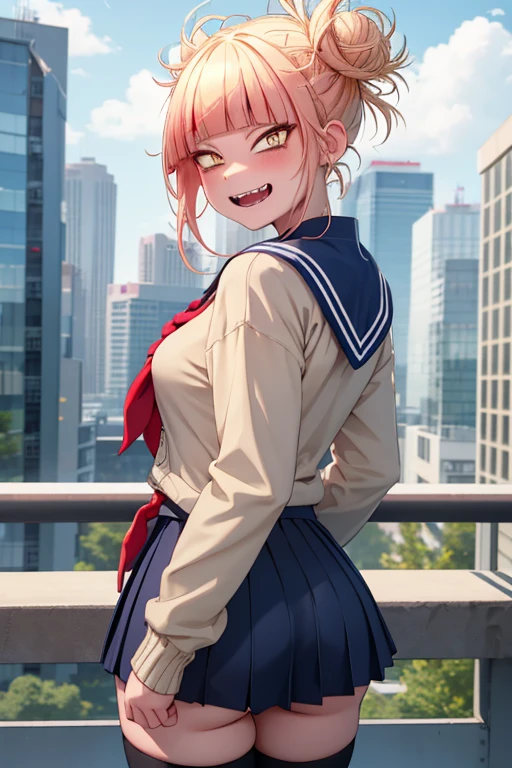 HimikoU1, 1girl, solo, bangs, blonde hair, yellow eyes, blunt bangs, hair bun, double bun, sidelocks, messy hair, looking at viewer, smile, blush, bags under eyes, teeth, , sailor collar, open mouth, serafuku, fangs, breasts, medium breasts, cardigan, narrowed eyes, long sleeves, neckerchief, red neckerchief, cowboy shot, slit pupils, blue saillor collar, skirt, sharp teeths, :d, pleated skirt, collarbone, short hair, blue skirt, kneehighs, outdoors, day, buildings, city, clouds, balcony, trees, bushes, tall female, skinny, looking back, from behind, ass focus, ass, medium ass,