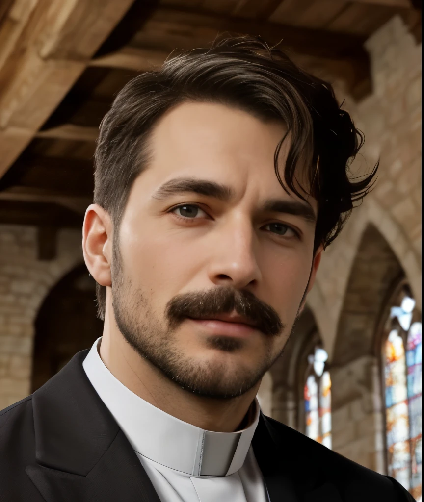 masterpiece, best quality, high resolution, closeup portrait, male focus, solo focus, A man, 45 years old, with priest uniform, priest clothes, priest father, silver grey hair, goatee moustache, messy hairstyle, cute and seductive face, bare chest, body hair, facial hair, roman nose, scruffy, hairy abs,  skinny body, hairy legs, dimples, beard, bold jawline , in the background a church back room,  view from below, amazing composition, front view, HDR, ultra quality, elegant, highly detailed, sexual tension, seductive