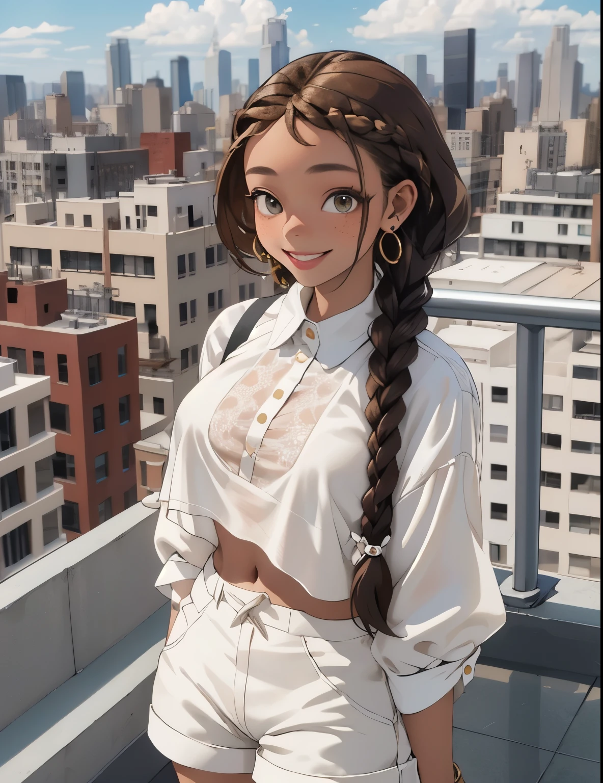 Girl with black skin, braided brown hair, Box braids, green eyes, smiling, white shorts, black bra, white blouse, big circle gold earrings, freckles, big lips, on a rooftop, nyc skyline in the background, blue skies big clouds
