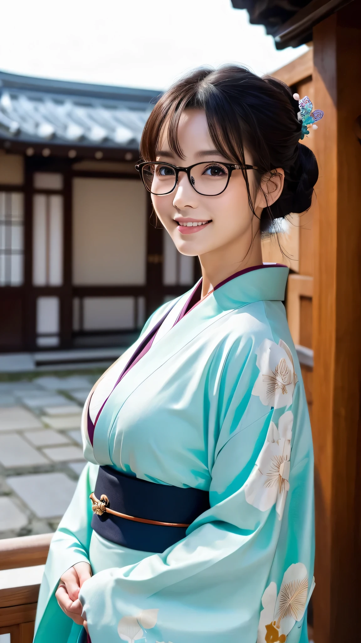 (Super beautiful woman in kimono)、((highest quality、8K masterpiece:1.3))、sharp focus:1.2、(super beautiful face:1.0)、(shiny skin:1.0)、realistic pictures、black hair、video lighting、High resolution eyes and face、video lighting、japanese actress、from the front、big breasts、with a happy smile、Slender abs beauty、whole body、wearing a kimono、in Kyoto、(((luxury obi)))、In Kyoto at night、wearing glasses with no edge、Brush your hair up with your fingers.