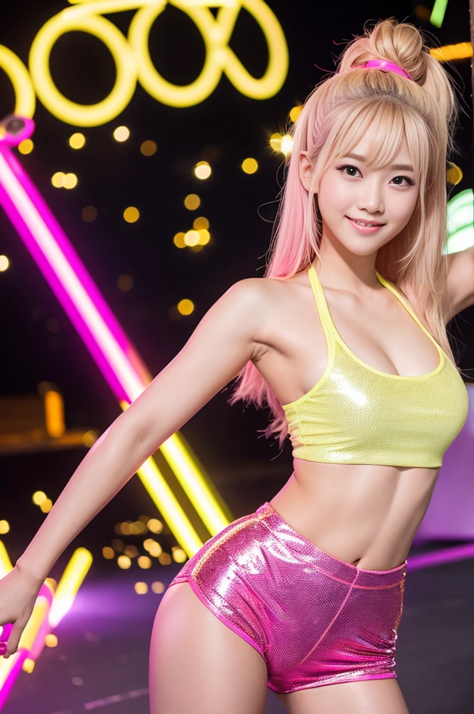 Tall sporty Indonesian model、bright smile、、、whole body、very long sparkling stylish hair、、、dramatic pose、Good style、、、、、、、、fluorescent pink and yellow sparkling glowing tight shorts costume、strapless top、、Pink Blonde Hair、、、cyber belt、large sparkling shiny very detailed training gym background