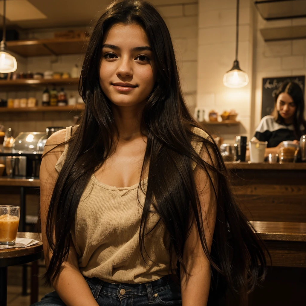 A photo of a beautiful 18 year old woman with Spanish features and long black hair, alegre, in a cafe at night 