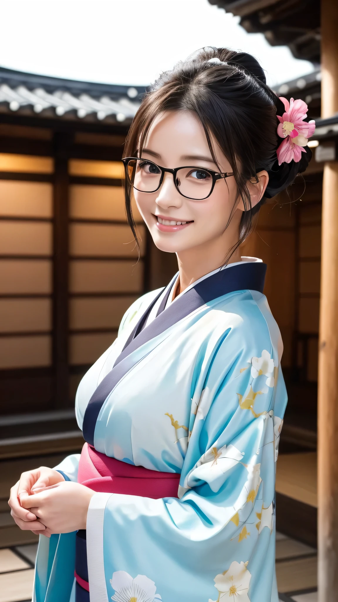 (Super beautiful woman in kimono)、((highest quality、8K masterpiece:1.3))、sharp focus:1.2、(super beautiful face:1.0)、(shiny skin:1.0)、realistic pictures、black hair、video lighting、High resolution eyes and face、video lighting、japanese actress、from the front、big breasts、with a happy smile、Slender abs beauty、whole body、wearing a kimono、in Kyoto、(((luxury obi)))、In Kyoto at night、wearing glasses with no edge、Brush your hair up with your fingers.