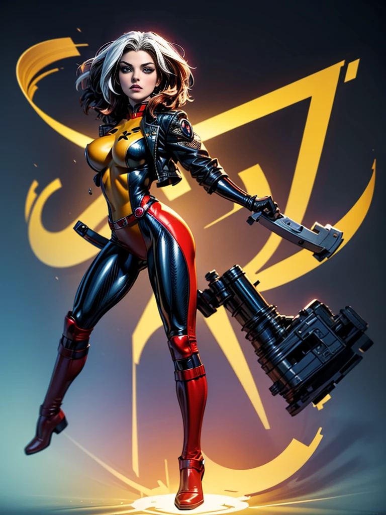 Margot Robbie、masterpiece、High quality 4K、villain (X-Men)、Gothic Girl、Sculpted Body Gothic Makeup、Black jacket、Red and blue bodysuit、masterpiece、highest quality、Cowboy Shots、one personの女の子、one person、Technology Military Bodysuit、fringe