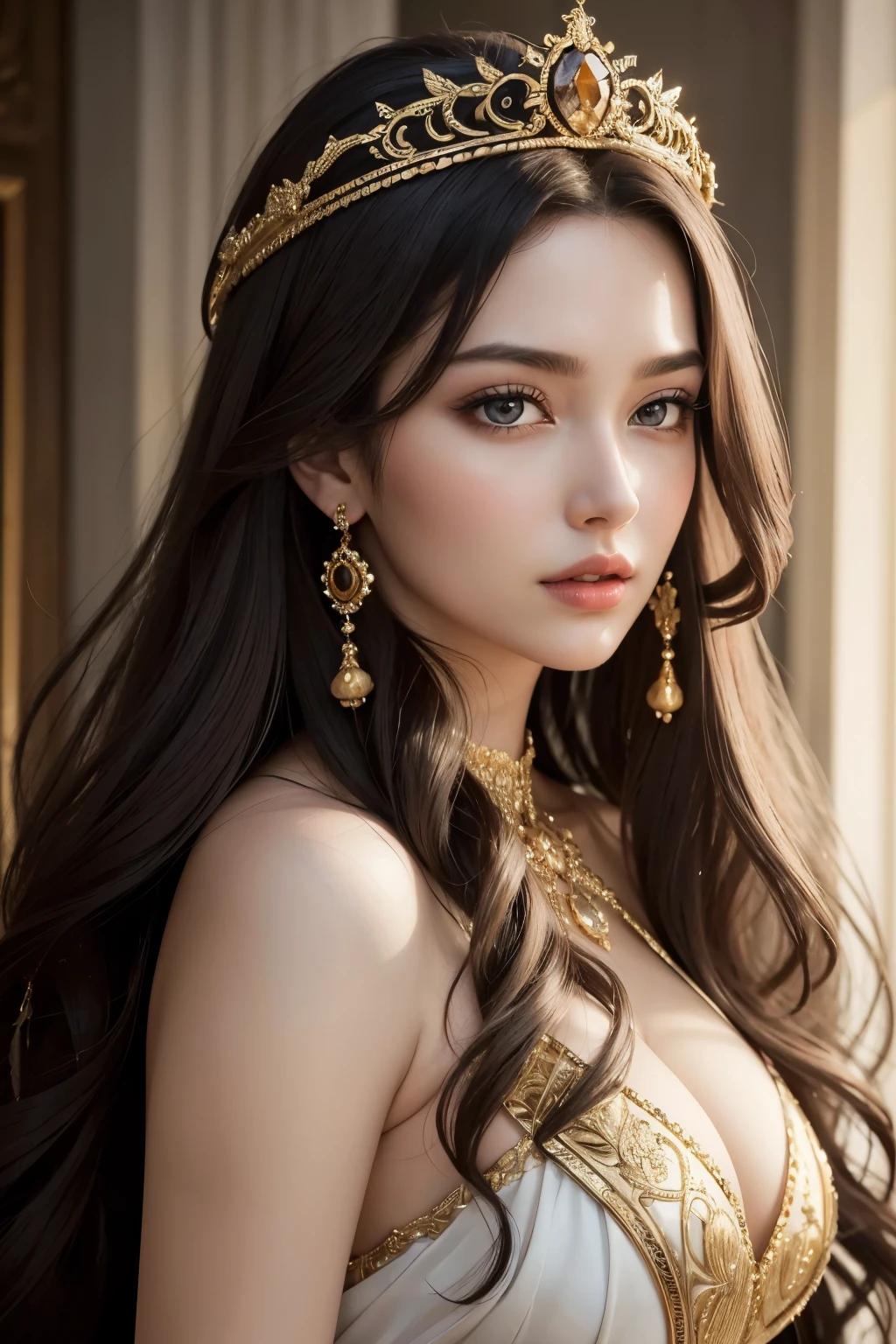 Absurd, ultra-detailed, high quality, masterpiece, detailed face, beautiful eyes(detailed eyes), Greek mythology, Goddess, Hera , the queen of the gods, striking and captivating, features are classically beautiful, with high cheekbones, a perfectly proportioned face, eyes depicted as large and captivating, hold an intense gaze, golden hair , Gole hair is luxuriant and flowing, cascading down her back in waves,wearing elegant robes adorned with intricate patterns ,Her beauty is not merely superficial but embodies the essence of power, authority, and regality.
