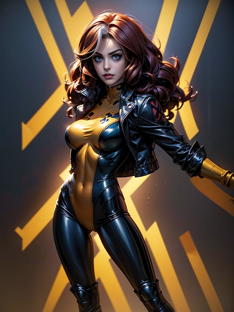 Anne Hathaway、masterpiece、High quality 4K、villain (X-Men)、Gothic Girl、Sculpted Body Gothic Makeup、Black jacket、Red and blue bodysuit、masterpiece、highest quality、Cowboy Shots、one personの女の子、one person、Technology Military Bodysuit、fringe