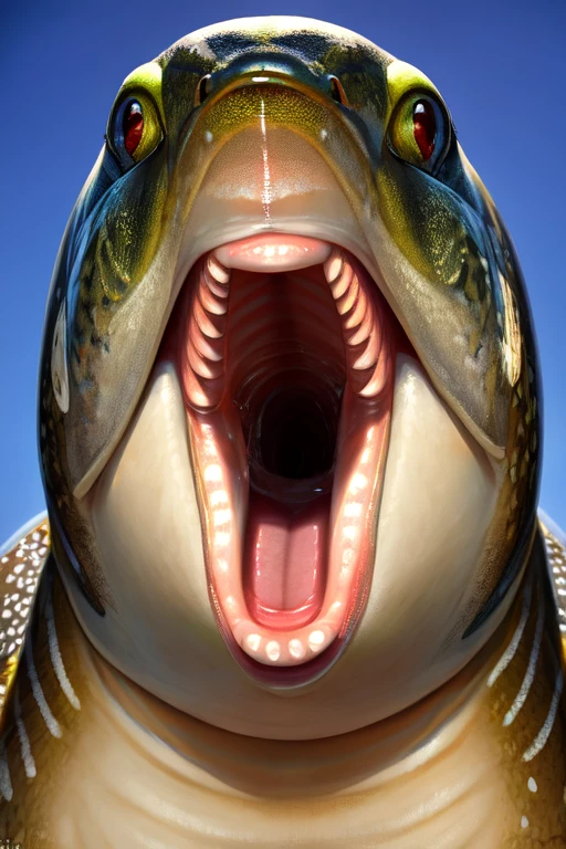 Trout fish, no teeth, wide open mouth, milk inside mouth. facing the camera close up, realistic