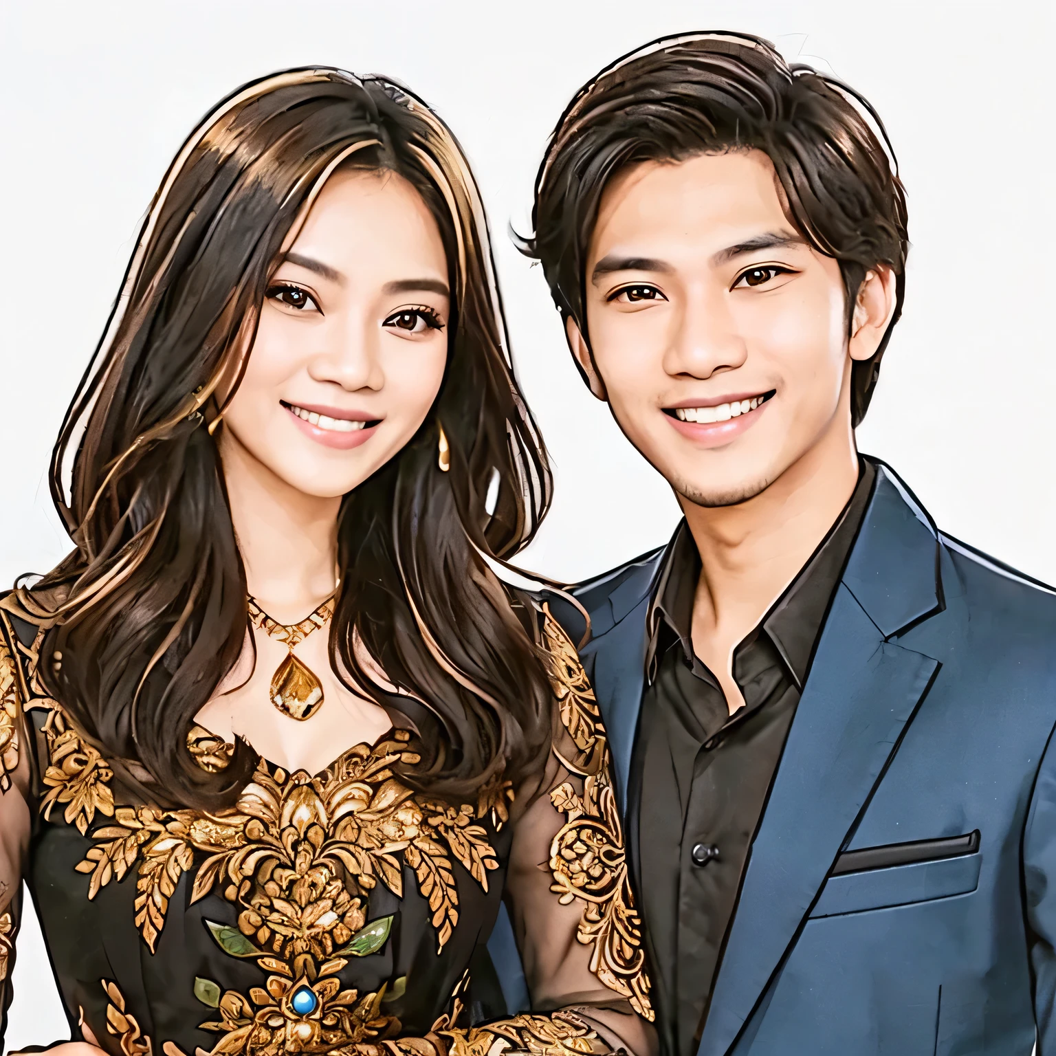 The image features a couple posing for a photo. The Indonesia woman is wearing a gold and black dress, while the man is dressed in a blue shirt. They are both smiling and appear to be in a joyful mood.