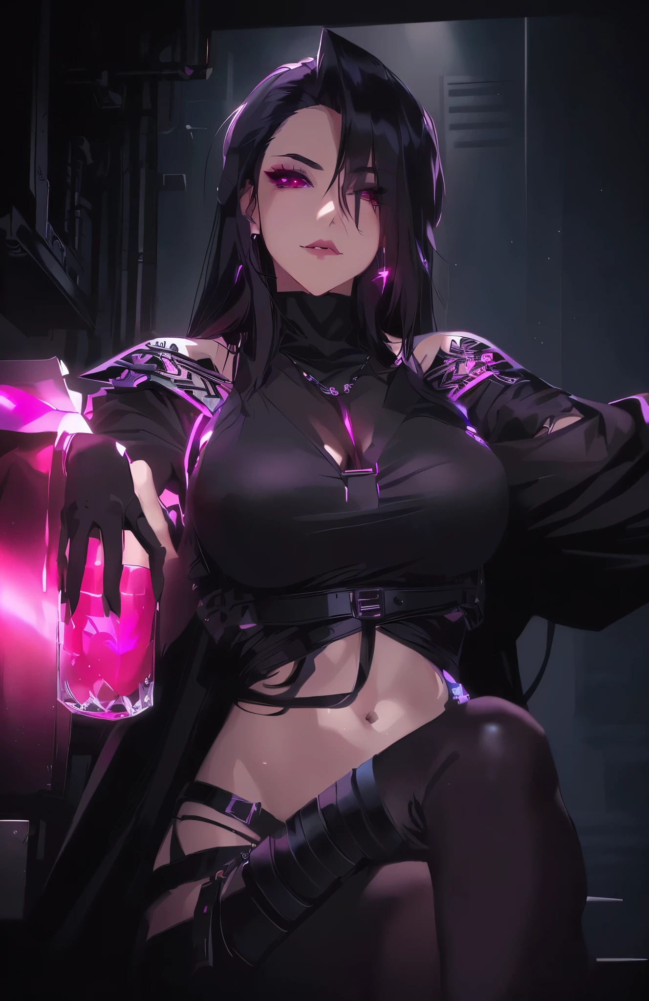 a woman with a black top and a black cape holding a glass of alcohol, black hair, pink eyes,  female death holding a cocktail, with a drink, badass anime 8 k, female cyberpunk anime girl, artwork in the style of guweiz, oc commission, portrait of tifa lockhart, cyberpunk anime girl, seductive cyberpunk dark fantasy, aeon flux style, highly detailed exquisite fanart