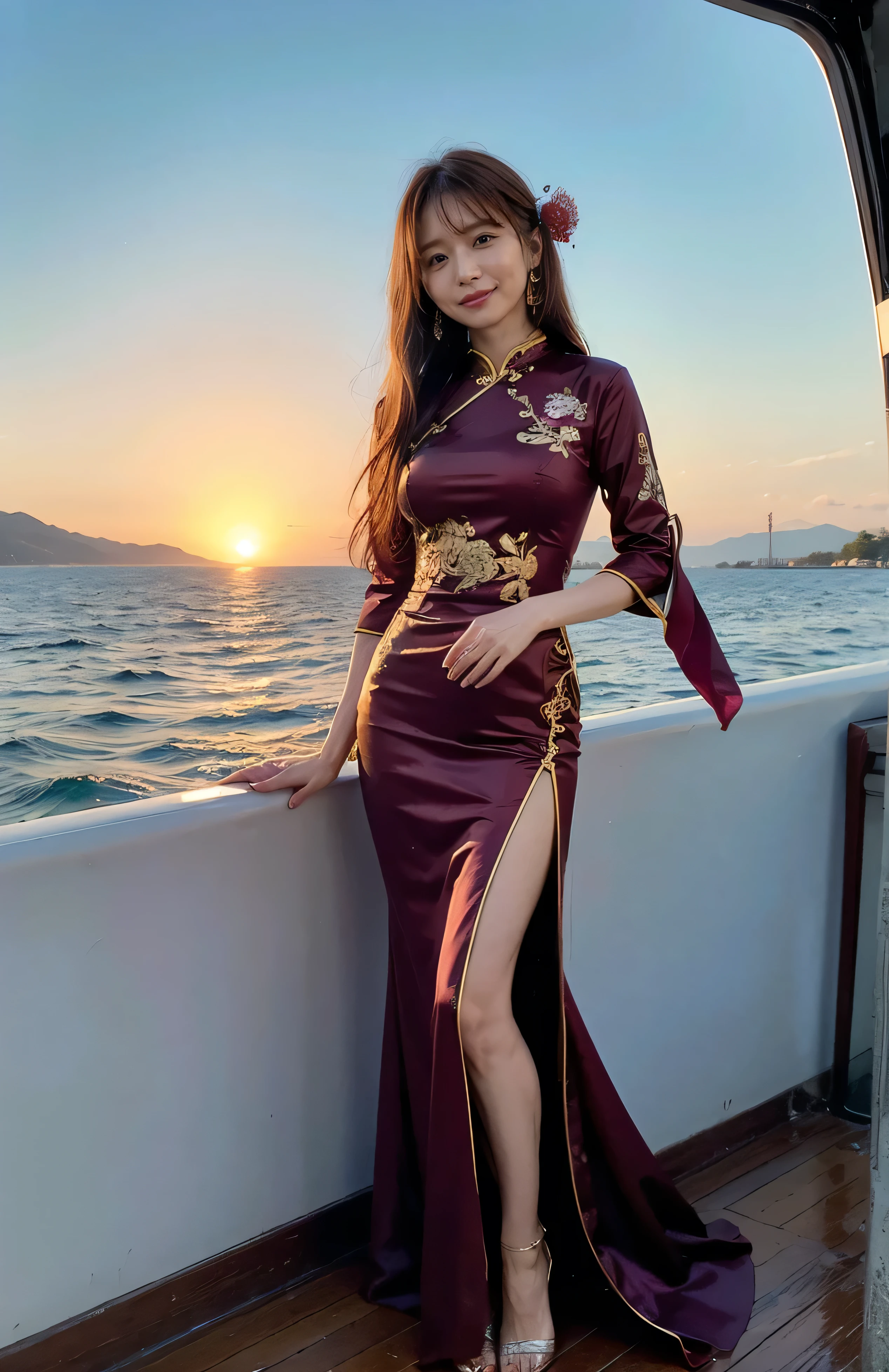 The sky turns red、((hair ornaments:1.5)).A gorgeous gold embroidered Chinese dress、hair ornaments、Tie your hair elegantly、Gorgeous silk cheongsam、((Standing on a boat and posing sexy、Luxurious and shiny wine red Chinese dress with embroidered long skirt:1.4)).A luxurious and shiny silk cheongsam、A luxurious navy blue cheongsam with embroidery、Woman standing on a boat、Light brown hair、Elegant hairstyle、Blue Eyed Woman、A woman with a cute upward gaze、When the sky gets dark、The gentle light of the ship shines、The sky turns red as the sun sets、Tight clothing that shows your body lines、、Elegant navy blue summer knit、Elegant black summer sweater、Short skirt、Dress elegantly着こなす、Luxury Bagedium Shorthair:1.4））、Skyscrapers seen across the sea、Manhattan 私sland is visible offshore、Woman on a sightseeing boat、、The sun shines on her、Light brown hair、Light brown hair、The sky was dyed red、There are clouds、private's cute、An elegantly dressed woman is sitting on a boat and watching the sunset、Her ample breasts are obvious even through her clothes..、The shining sun is so beautiful、Dusk is approaching、Lens flare、I can see the sunset、（（Sunlight reflecting off the ocean、Ocean View、The sun shines on the sea、&#39;beautiful.、Small earrings、private&#39;evening、Birds are also flying、、Brown Hair Color、Tying up hair、The woman is on the right:1.4））、Luxury Leather Belts、Shiny clothes、Light beige hair color、Background Blur、Braid only the front hair、Light brown hair、｛｛Cowgirl Shot｝｝、（（Close-up shot from the waist up、Ample breasts:1.4））、Smile、Silk clothing、Ample breasts that can be seen even through clothes、Braid only the front hair、Cowboy Shot、Gorgeous white collared silk shirt and brown skirt、Dress elegantly、Luxury Bags、A lovely smile、（（Ample breasts））、Full body photo、ring、Short skirt、Tuck your hair behind one ear、Silver Necklace、smile、 Elegant ponytail、Caustics、Highly detailed photos、Very beautiful and ideal short hair、Super no makeup、(8k、RAW Photos、highest quality、masterpiece:1.2)、(Realistic、Realistic)、1 girl、((Medium Short Hair、Looking into the camera:1.4))、Hair blowing in the wind
