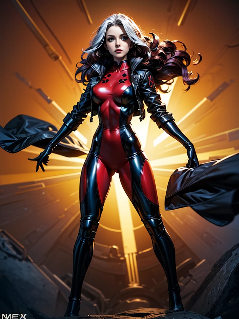 Amy Acker、masterpiece、High quality 4K、villain (X-Men)、Gothic Girl、Sculpted Body Gothic Makeup、Black jacket、Red and blue bodysuit、masterpiece、highest quality、Cowboy Shots、one personの女の子、one person、Technology Military Bodysuit、fringe