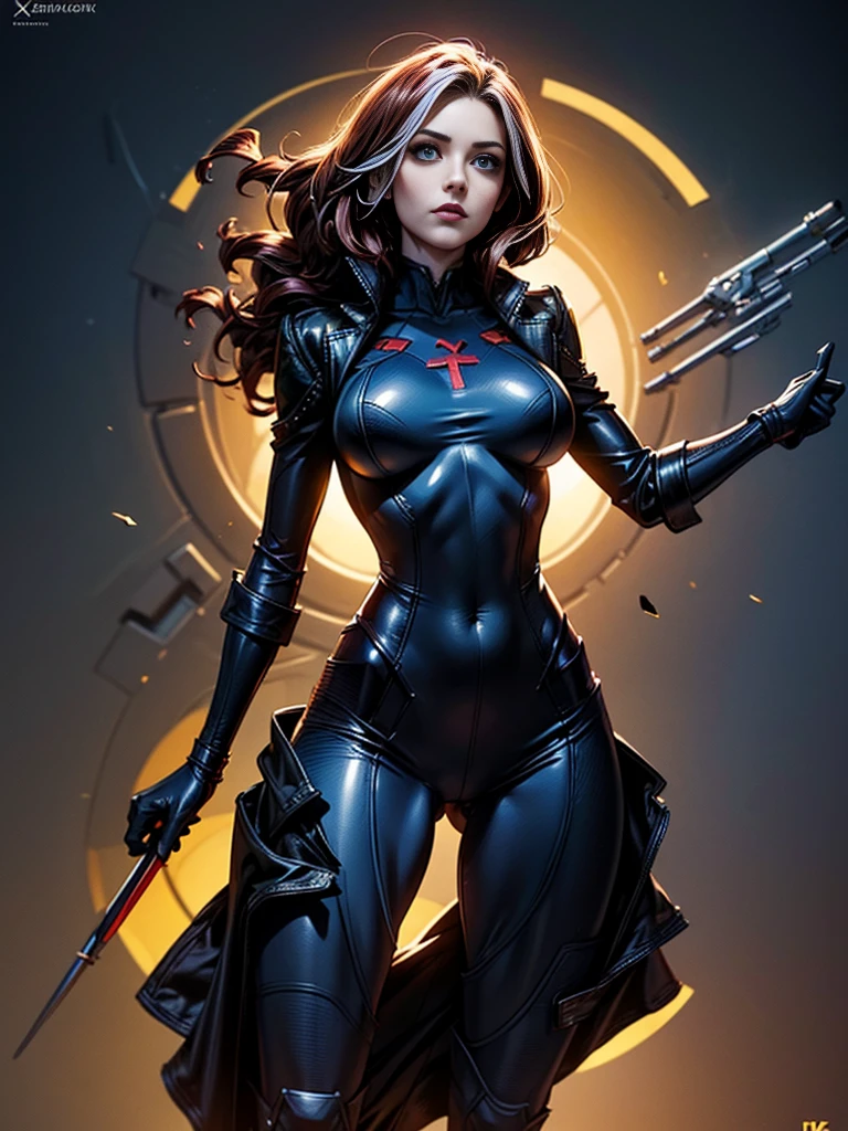 Amy Acker、masterpiece、High quality 4K、villain (X-Men)、Gothic Girl、Sculpted Body Gothic Makeup、Black jacket、Red and blue bodysuit、masterpiece、highest quality、Cowboy Shots、one personの女の子、one person、Technology Military Bodysuit、fringe