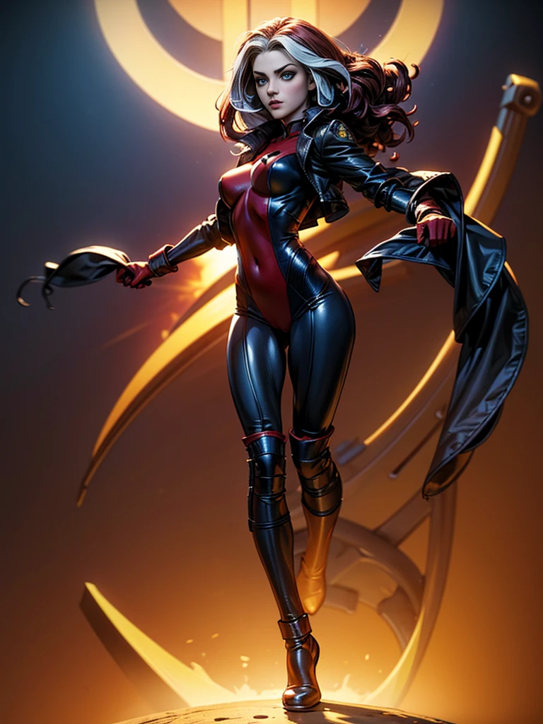 Melissa Benoist、masterpiece、High quality 4K、villain (X-Men)、Gothic Girl、Sculpted Body Gothic Makeup、Black jacket、Red and blue bodysuit、masterpiece、highest quality、Cowboy Shots、one personの女の子、one person、Technology Military Bodysuit、fringe