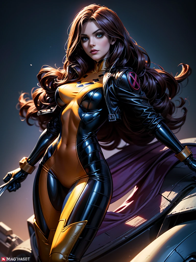 Melissa Benoist、masterpiece、High quality 4K、villain (X-Men)、Gothic Girl、Sculpted Body Gothic Makeup、Black jacket、Red and blue bodysuit、masterpiece、highest quality、Cowboy Shots、one personの女の子、one person、Technology Military Bodysuit、fringe