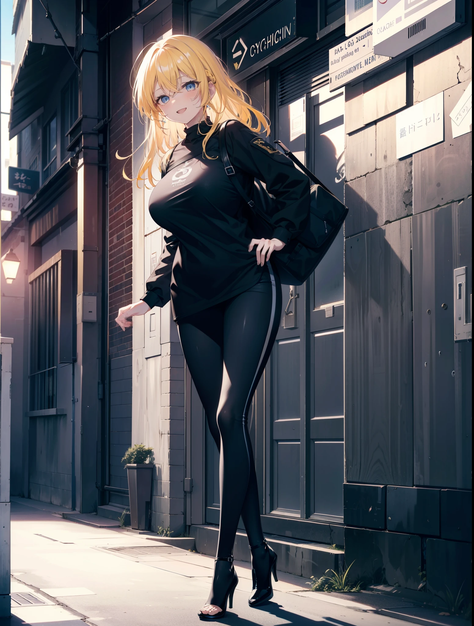 Eliase, catalyst, Yellow Hair, blue eyes,Long Hair,happy smile, smile, Open your mouth, Oversized black y-shirt,Big Breasts,black skinny pants,Stiletto heels,morning,morning陽,The sun is rising,walking,whole bodyがイラストに入るように,Looking up from below,
break looking at viewer,whole body,
break outdoors, In town,
break (masterpiece:1.2), highest quality, High resolution, unity 8k wallpaper, (figure:0.8), (Beautiful fine details:1.6), Highly detailed face, Perfect lighting, Highly detailed CG, (Perfect hands, Perfect Anatomy),