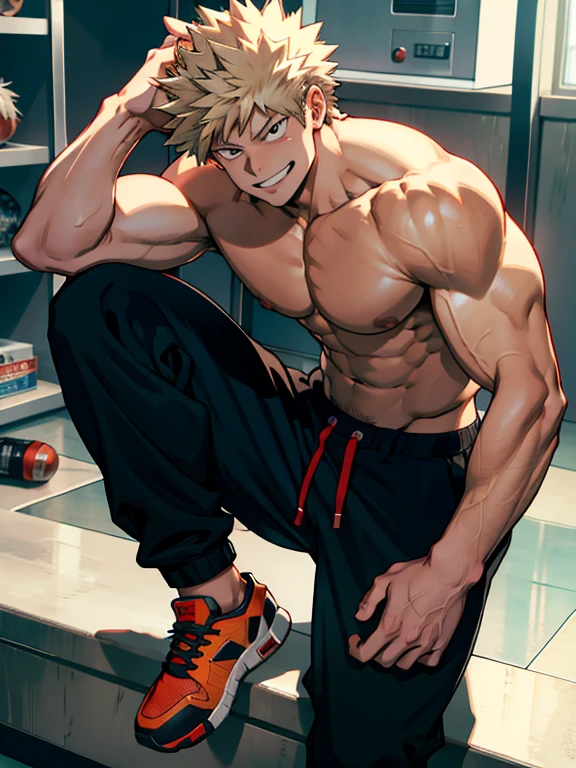 Bakugo Katsuki《My Hero Academia》, Wearing black sweatpants and topless, Smile, Bodybuilder, Definition, Extremely muscular