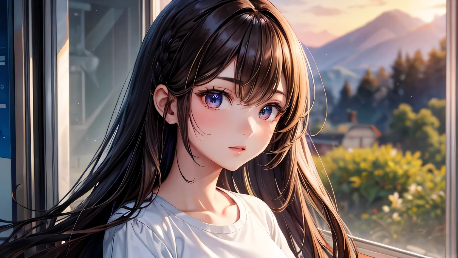 Beautiful woman 1.3, Beautiful brown hair、Straight Long Hair: 1.2, summer: 1.2,Sunset: 1.1, Ultra-high resolution, Accurate, Super detailed, Textured skin, High detail, highest quality, 8k,Thin bangs,Upper Body,Well-drawn eyes, Focus on the face,T-Shirts,Detailed hair depiction,Detailed depiction of eyes、Detailed depiction of hair、Upper Body、on the train