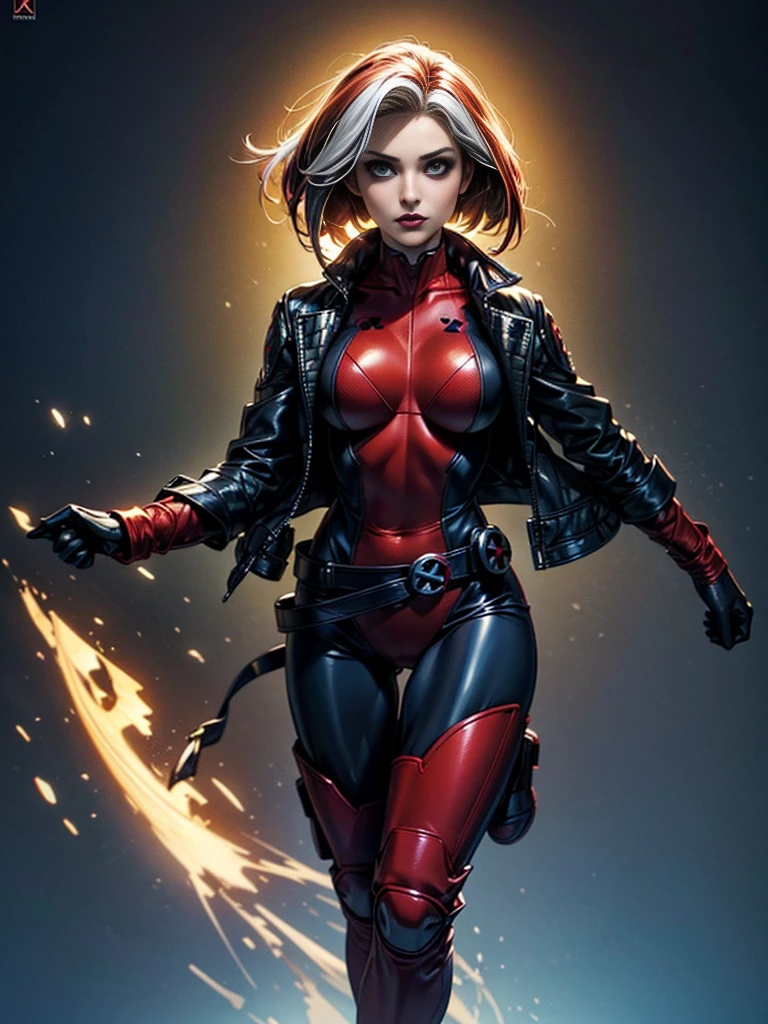 Dianna Agron、masterpiece、High quality 4K、villain (X-Men)、Gothic Girl、Sculpted Body Gothic Makeup、Black jacket、Red and blue bodysuit、masterpiece、highest quality、Cowboy Shots、one personの女の子、one person、Technology Military Bodysuit、fringe