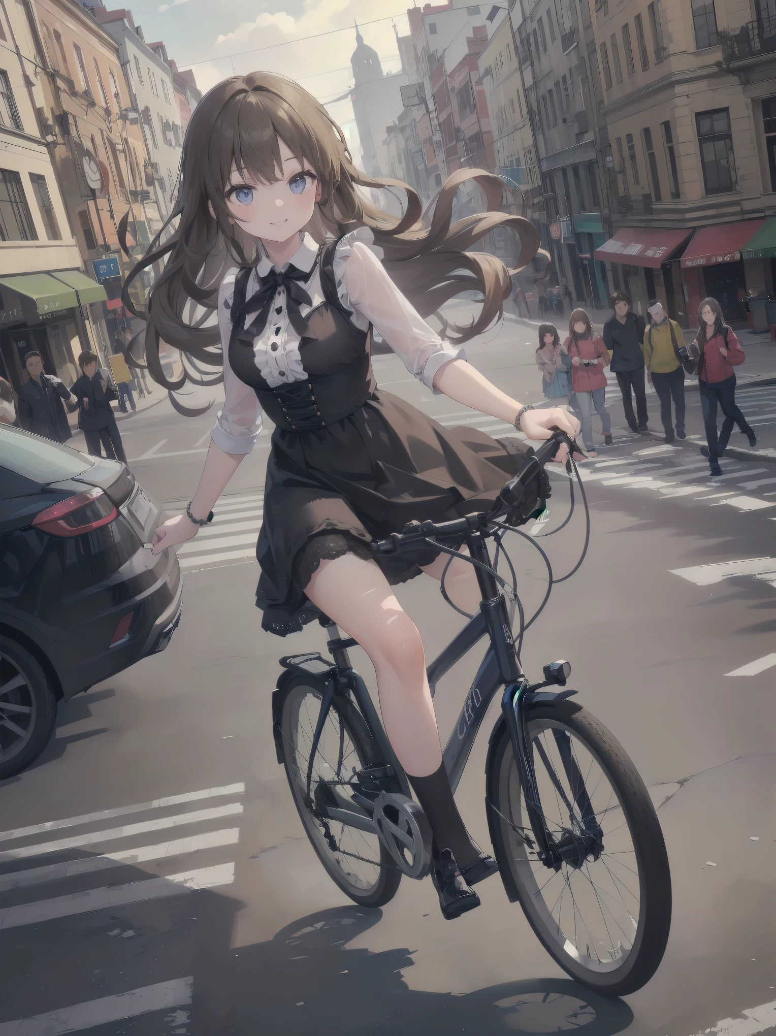 (((Very detailed, Very detailed CG ユニティ 8k 壁紙, figure, High resolution, Absurd, Beautiful fine details, finely detailed 胸, Very detailed髪)), ((masterpiece)) Subject: {A naïve young girl is boldly flouncing around Subtitle: {Long brown curly hair}{Gothic dress, chiffon blouse and tulle skirt, lace and bead decoration}{Cycling in the city}{Streetscape of squares and cafés}{Glowing smile}{Drone camera, f/2.8, 1/2000 sec, ISO 400, wide angle lens} A girl with long, curly brown hair is cycling in a cityscape of squares and cafés. She is dressed in a gothic dress, her chiffon blouse swaying in the breeze and her tulle skirt fluttering lightly. The dress is decorated with lace and beads, fashionable and detailed. Her muscles move powerfully with each pedal stroke, and her radiant smile attracts people in the street. In the background, a view of fashionable cafés and squares gives a sense of the bustling city atmosphere. Filmed with a drone camera at f/2.8 aperture, shutter speed 1/2000 sec, ISO 400, the wide-angle lens clearly captures the vast landscape and her movements. Her active appearance is depicted as realistically as if it were a scene from a film