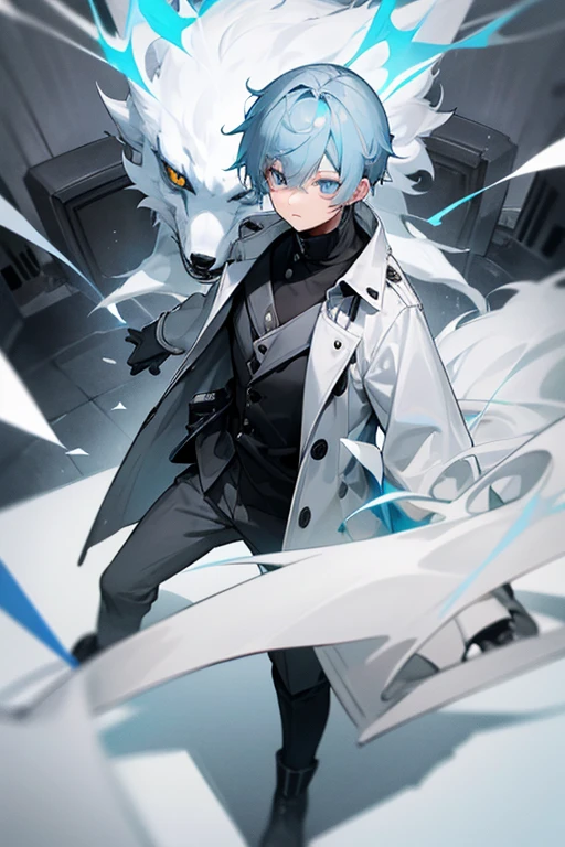 Light blue hair with a hint of gray、Wolf Cut、Eye color: black and white heterochromatic、Dressed in a black sweater、white trench coat(The button is empty)Black trousers、Black boots