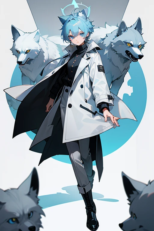 Light blue hair with a hint of gray、Wolf Cut、Eye color: black and white heterochromatic、Dressed in a black sweater、white trench coat(The button is empty)Black trousers、Black boots
