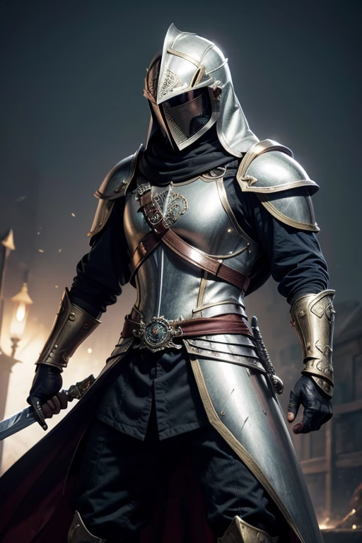 One is well dressed、armadura dourada pesada,Homem embelezado com ouro, Holding a greatsword in a fighting stance, Paired with a Templar helmet,adornado com detalhes prateados.