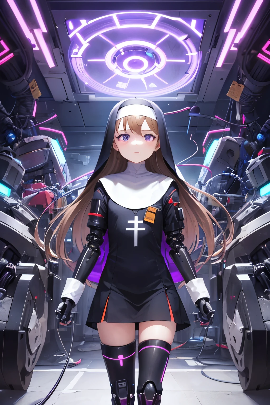 girl ,girl , futuristic nun dress ,flat chest ,long brown hair frinje ,(loli body), mechanic-headband, purple leds ,purple light auréola, quality, 8k ,nun uniform , Cyborg arms. Mechanical Limbs Metal, Mechanical legs .Power cablles conected in machine. Circuitos , praying.