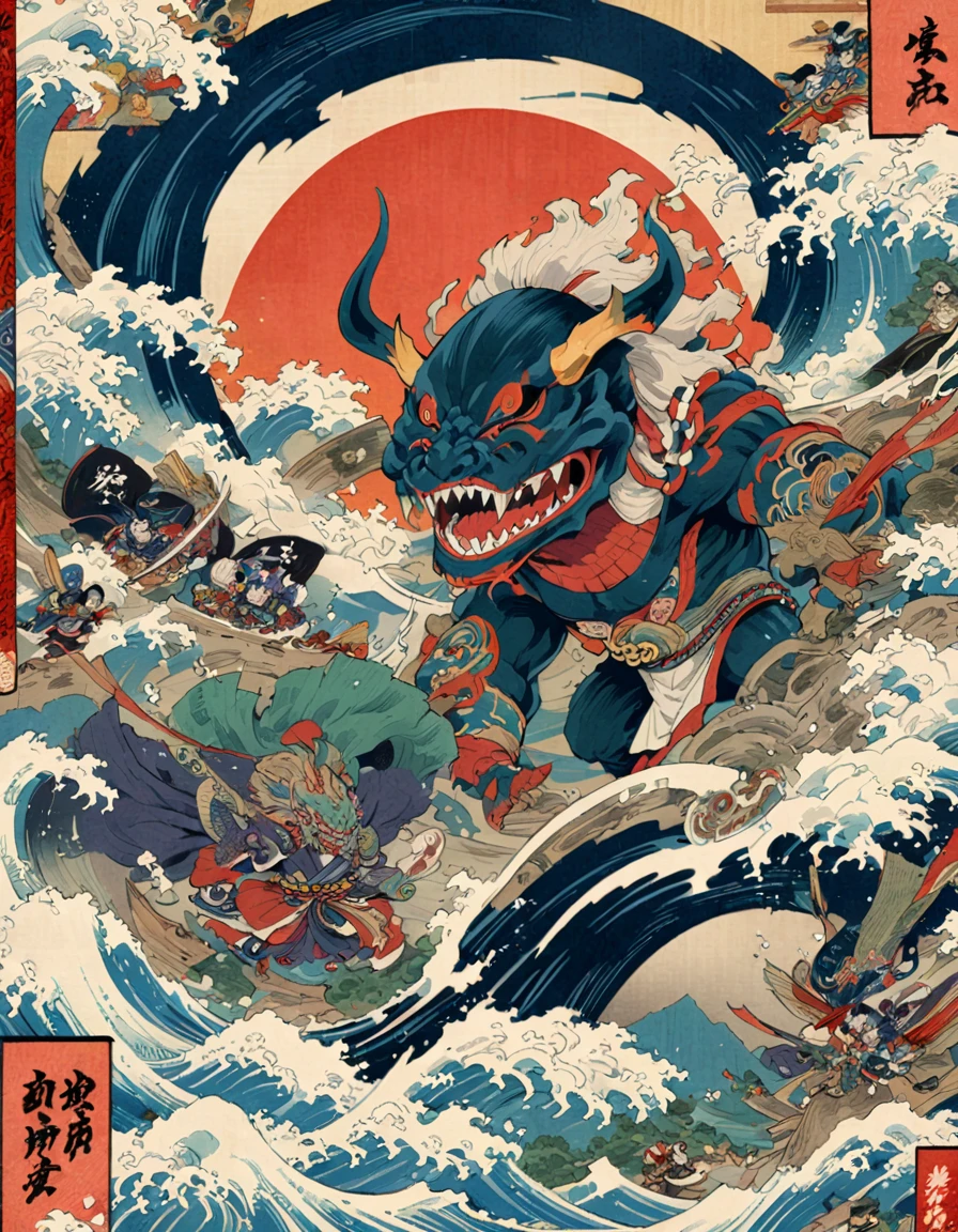A poster depicting Japanese monster destroying everything, with detailed character designs in the style of Japanese Ukiyoe., featuring detailed illustrations with vibrant colors and dynamic action scenes. The poster is Elaborate illustrations from ancient Japanese manuscripts and scrolls. --ar 3:4 --niji 6