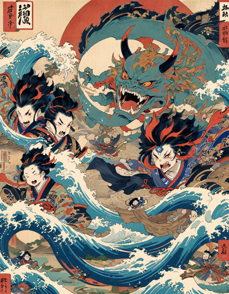 A poster depicting Japanese monster destroying everything, with detailed character designs in the style of Japanese Ukiyoe., featuring detailed illustrations with vibrant colors and dynamic action scenes. The poster is Elaborate illustrations from ancient Japanese manuscripts and scrolls. --ar 3:4 --niji 6