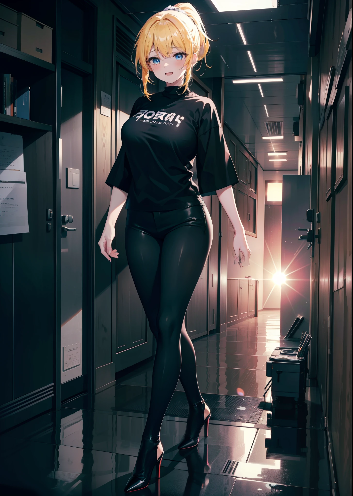 Eliase, catalyst, Yellow Hair, blue eyes,ponytail, Hair Ribbon,happy smile, smile, Open your mouth, Oversized black y-shirt,Big Breasts,black skinny pants,Stiletto heels,morning,morning陽,The sun is rising,walking,whole bodyがイラストに入るように,Looking down from above,
break looking at viewer,whole body,
break outdoors, In town,
break (masterpiece:1.2), highest quality, High resolution, unity 8k wallpaper, (figure:0.8), (Beautiful fine details:1.6), Highly detailed face, Perfect lighting, Highly detailed CG, (Perfect hands, Perfect Anatomy),