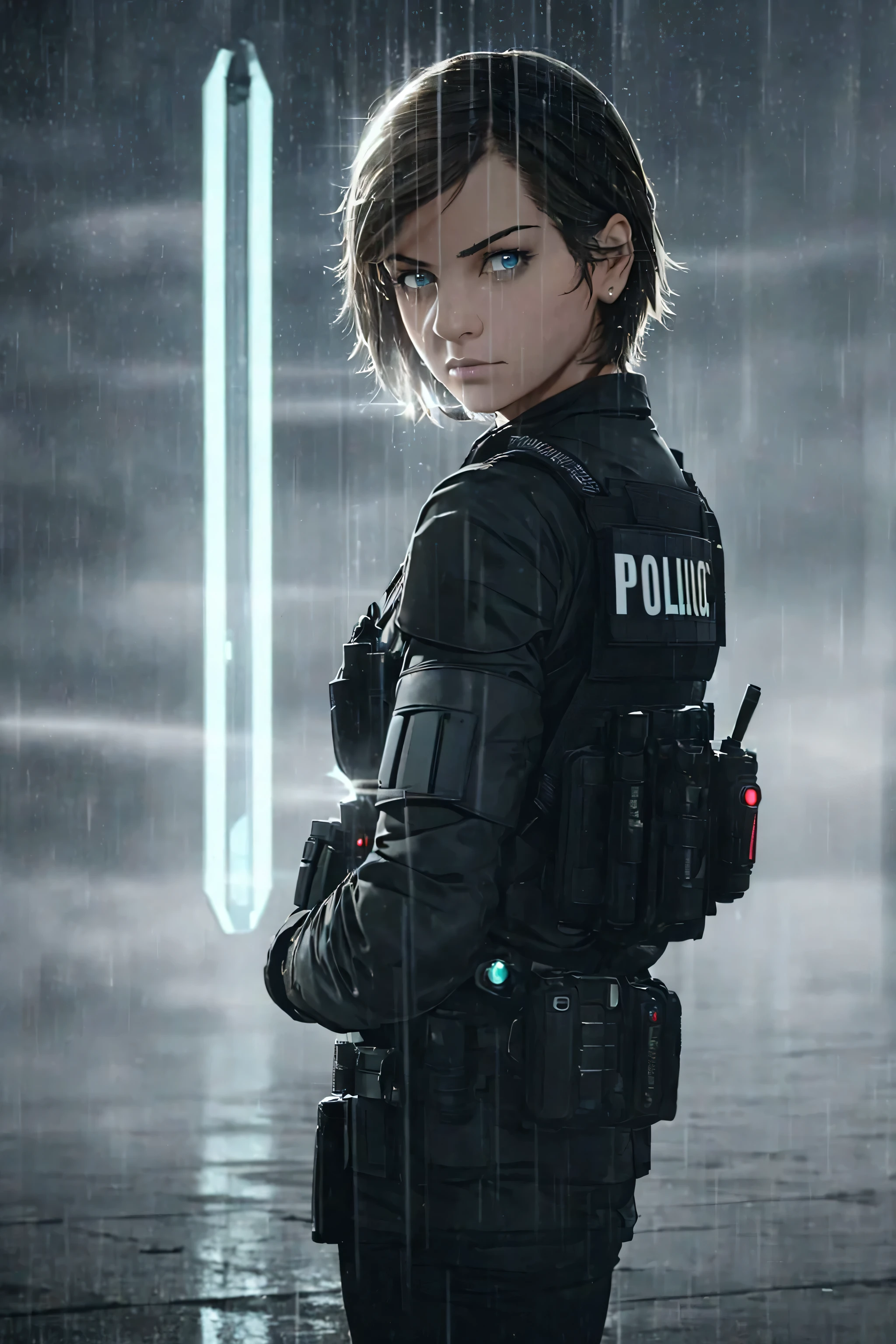 (masterpiece, photorealistic, 8k), 1girl, short hair, police officer, ballistic vest, futuristic city, raining night, patrol car, (siren lights), (backlight:1.6), looking at viewer, realistic, extremely detailed eyes and face, cinematic lighting, dramatic lighting, rainy atmosphere, rain drops, moody colors, dark tones, close